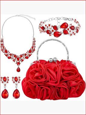 4-Piece Rhinestone Clutch Set with Detachable Strap, Necklace, Earrings,